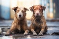 Two brown dogs sitting side by side on a wet ground, appearing content and relaxed, Unwanted and homeless dogs of different breeds Royalty Free Stock Photo
