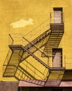 2 two brown doors connected with external metal stairs. The shadow of stairs on yellow building wall on sunny day Royalty Free Stock Photo