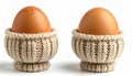 Two Brown Eggs in Beige Knitted Holders on White Royalty Free Stock Photo