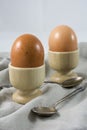 Two brown eggs in egg cups with spoons Royalty Free Stock Photo