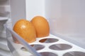 Two brown eggs left on the shelf of a refrigerator Royalty Free Stock Photo