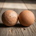 Two brown eggs are placed side by side on a rustic wooden surface Royalty Free Stock Photo