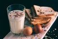 Two brown eggs,  white bread and a glass of milk on a linen tablecloth Royalty Free Stock Photo