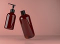 Two brown glass bottles for shower gel and liquid soap floating on studio background, 3D render of cosmetic product Royalty Free Stock Photo