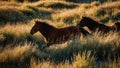 Two Brown Horses Running Through a Grassy Field. Generative AI