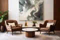 Two brown lounge chairs against white sofa and round coffee tables. Mid-century home interior design of room with marble wall Royalty Free Stock Photo