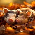 Two brown miniature pigs sleeping together in autumn leaves, sun
