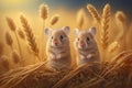 Two brown mouse in wheat field. Generative AI