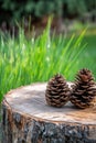 Two brown pine cones resting on a tree stump, with blurred green grass in the background Royalty Free Stock Photo