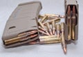 Two loaded .223 rifle magazines with bullets laying around them Royalty Free Stock Photo