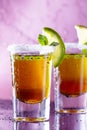 two brown shot cocktails garnished with lime, mint and salt. Water drops Royalty Free Stock Photo