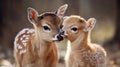 Two Brown Spotted Fawns Nuzzling in a Forest Royalty Free Stock Photo