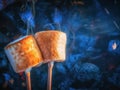 Two brown sweet marshmallows roasting over fire flames. Marshmallow on skewers roasted on charcoals Royalty Free Stock Photo