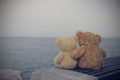 Two brown teddy bears so cute sitting on wooden chair looking to the sea. Royalty Free Stock Photo