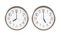 Two brown wall clock isolated on white background. Wall clock at eight and five o`clock isolated. Wall clock isolated Royalty Free Stock Photo