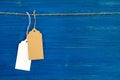 Two brown and white blank paper price tags or labels set hanging on a rope on the blue background. Royalty Free Stock Photo