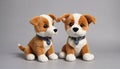 Two brown and white plush dog toys sit on a gray background Royalty Free Stock Photo