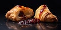 Two browned croissants with jam on a dark background