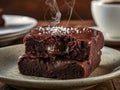 Two brownies stacked on a plate. A plate with two chocolate brownies shot with selective focus. Royalty Free Stock Photo