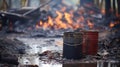 Two buckets sitting in a puddle of water near fire, AI Royalty Free Stock Photo