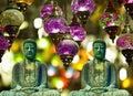 Two buddhist statues meditating with lamps and background buddhism card