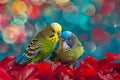 Two Budgies In Love On Red Flowers Royalty Free Stock Photo
