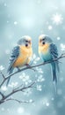 Two budgies perched on a blooming branch, with gentle snowflakes falling around Royalty Free Stock Photo