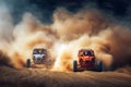 Two buggies racing on a dirt road, flying dust clouds, intense competition Royalty Free Stock Photo