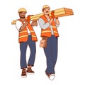 Two builders carry planks. Carpenter repairman. Building work services. Vector.