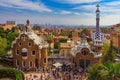 Two buildings at the entrance of the Antoni Gaudi Park Guell in Royalty Free Stock Photo