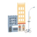 Two buildings, tall and medium. Street scene with store fronts, cafe, bicycle and traffic lights stand illustration