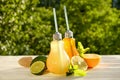 Summer healthy non alcoholic cocktails, citrus infused water drinks, lemonades with lime lemon or orange, diet detox beverages. Royalty Free Stock Photo