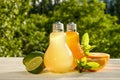 Summer healthy non alcoholic cocktails, citrus infused water drinks, lemonades with lime lemon or orange, diet detox beverages. Royalty Free Stock Photo