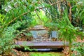 Two blue chairs on wood floor in garden Royalty Free Stock Photo