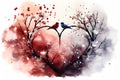 Two bullfinches on a branch in the form of a heart. Winter landscape.