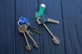 Two bunches with sets of keys lie on a wooden table