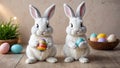 Two bunnies with colorful eggs, surrounded by eggs and baskets on wooden floor Royalty Free Stock Photo