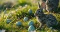 two bunnies and easter eggs in a grassy area Royalty Free Stock Photo