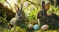 two bunnies and easter eggs in a grassy area Royalty Free Stock Photo