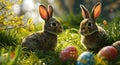 two bunnies and easter eggs in a grassy area Royalty Free Stock Photo