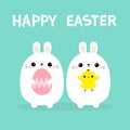 Two bunny holding chicken bird, painting egg set. Happy Easter. Rabbit baby chick friends forever. Farm animal. Cute cartoon Royalty Free Stock Photo