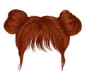 Two buns hairs with fringe Red redhead ginger colors . women fashion beauty style