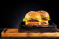 Two burgers cheeseburgers with cutlet, cheese and vegetables Royalty Free Stock Photo