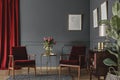 Two burgundy armchairs placed in grey living room interior with