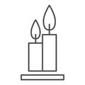 Two burning candles thin line icon. Flames web vector illustration isolated on white. Candlestick outline style design