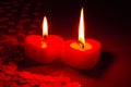 Two burning heart shaped candles