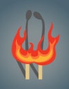 Two burning matches. Flat vector illustration on a gradient background. Cartoon wooden match on fire Royalty Free Stock Photo