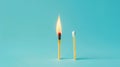 Two burning matches on pastel blue background, ideas, emotional burnout, teamwork. Generative AI Royalty Free Stock Photo