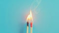 Two burning matches on pastel blue background, ideas, emotional burnout, teamwork. Generative AI Royalty Free Stock Photo