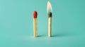 Two burning matches on pastel blue background, ideas, emotional burnout, teamwork. Generative AI Royalty Free Stock Photo
